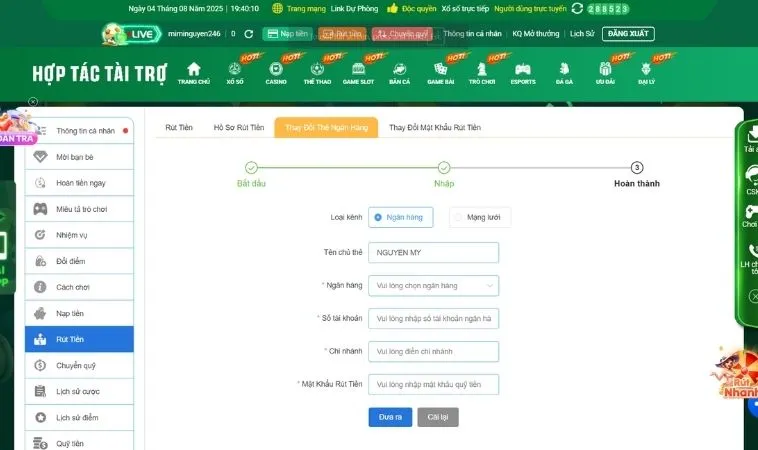 Giao diện rút tiền TK88